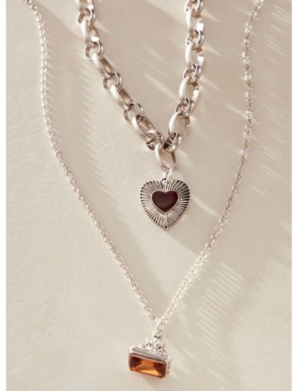 Free People Zehnder Layered Heart & Amber Pendant Necklace Set